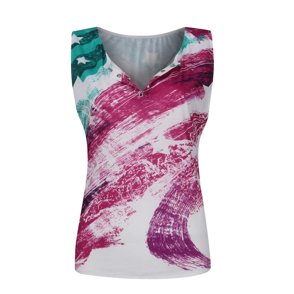 Womens Independerce Day Loose  V-Neck Sleeveless Button Print Tops Vest