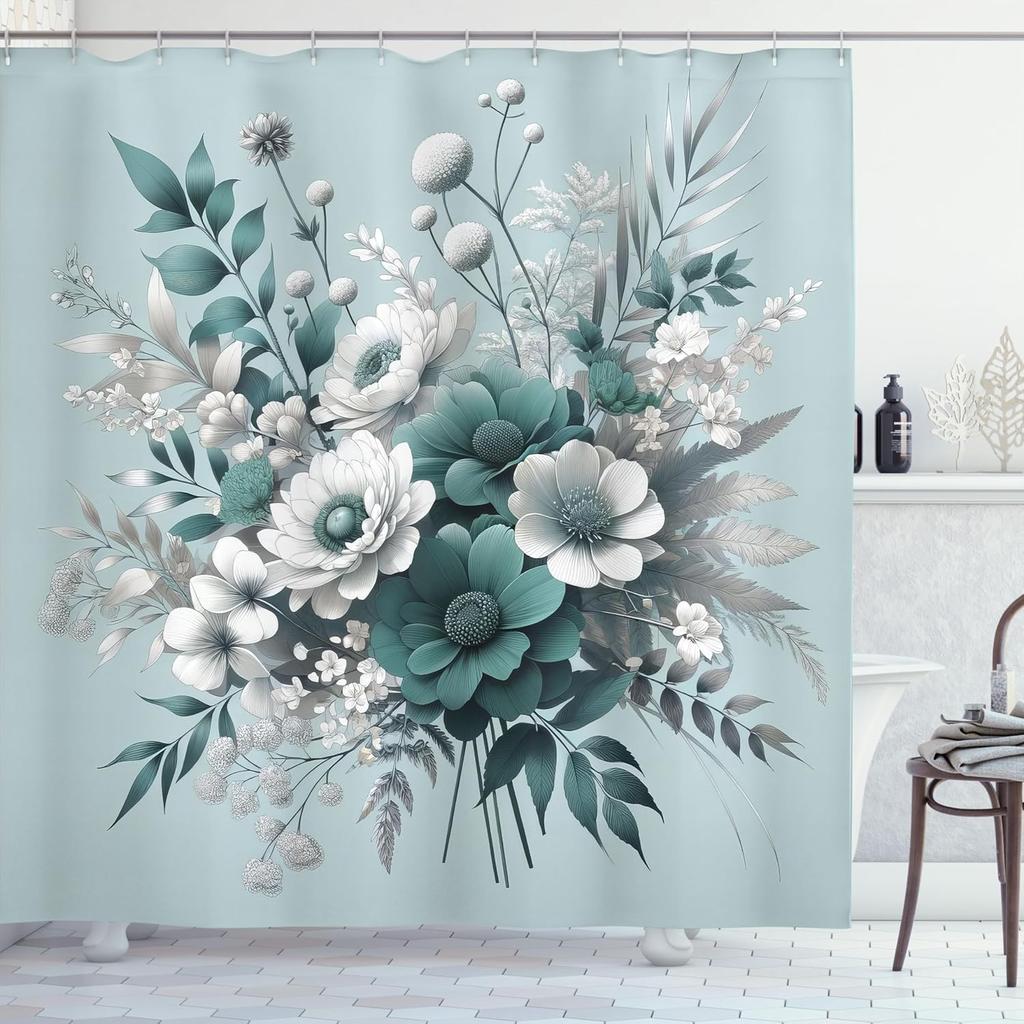 Teal Shower Curtain, Fantasy Jungle Vibe Jumble Design Flowery Bouquet With Leaves Print Bohemian, Cloth Fabric Bathro