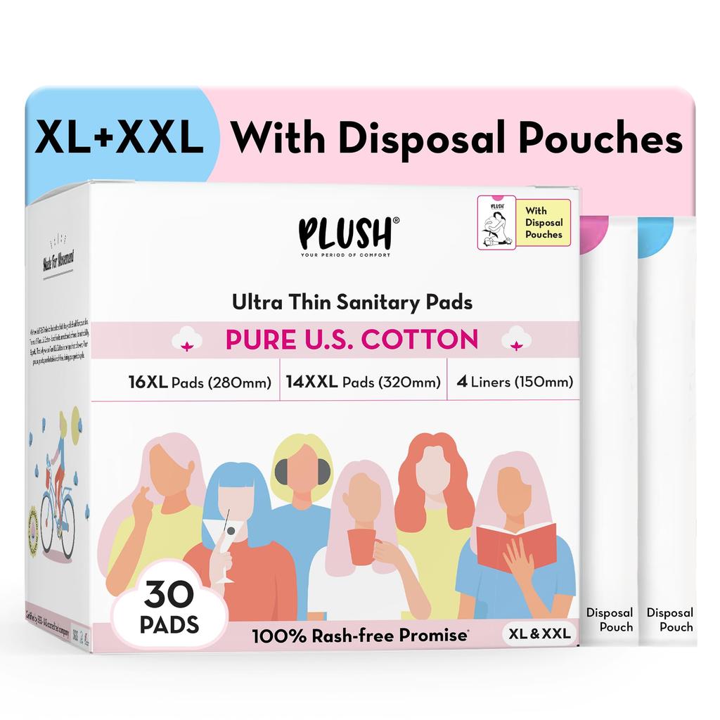 Plush Ultra-Thin Sanitary Napkins for Women, 30 Pcs | 16 XL Pads (Light-Medium Flow), 14 XXL Pads (Heavy Flow), 4Panty Liners | 100% Rash-Free | Pu