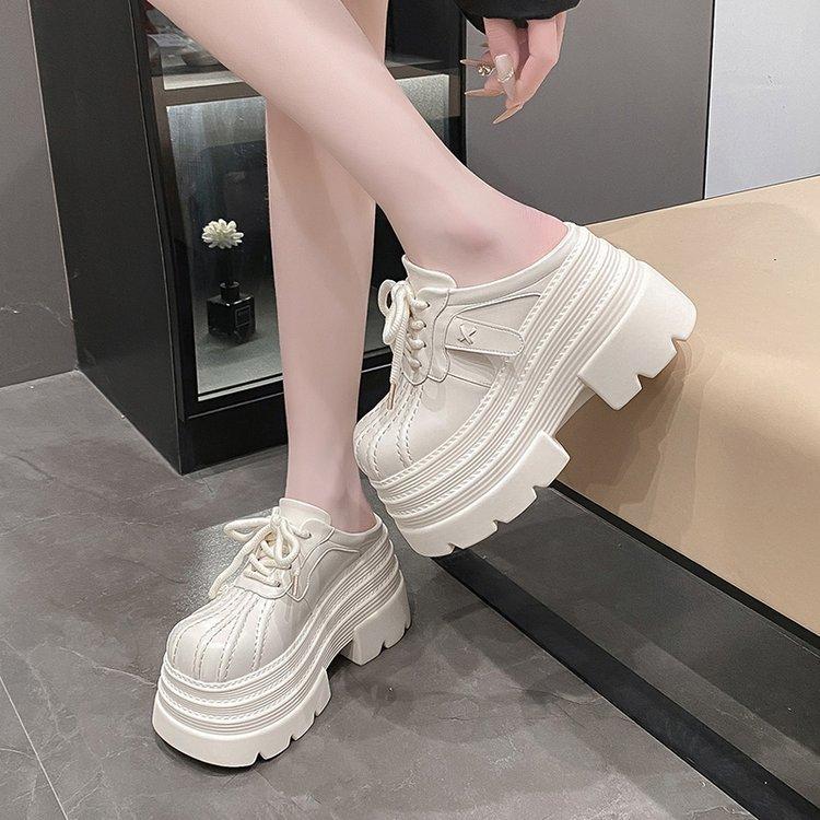 

European big head lace-up muffin thick-soled bag head half slippers women wear small leather shoes versatile heightening loafers 2025 39 бежевый