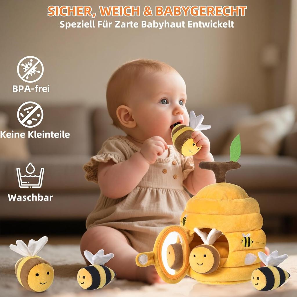 Babyspielzeug 6-12 Monate, 6-in-1 Baby-Bienenstock mit 5 Bienen Montessori Sensorisches Spielzeug mit Scheune, Rassel, Spiegel, Pädagogische Spiele für Kinder und Motorik