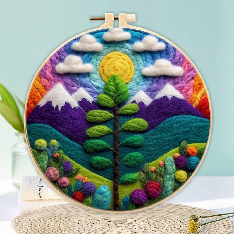 CHENISTORY Wool Felt Painting Diy Creative Making Wool Felt Kit With Embroidery Colorful Scenery Needle Wool Painting Complete K