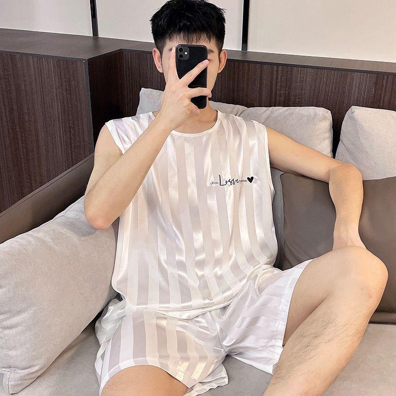 Men Ice Silk Pajamas Homewear Tops and Pants Youth Sleepwear Loungewear Two Piece Set Fashion Striped Casual Nightwear