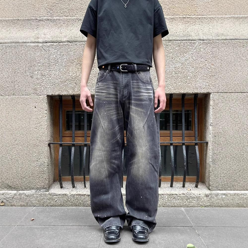 JYL Mens Jeans American Stitched Scratch Loose Parachute Denim Pants