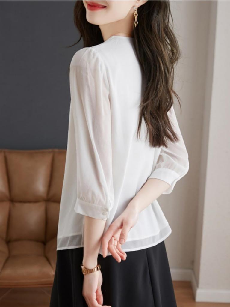Cut and Autumn [billevan] Women's Blouse, 3/4 Sleeve, Office, Tuck, Stylish, Washable, Sewn, Lined, Business, Commuting, Everyday, Business, Date,
