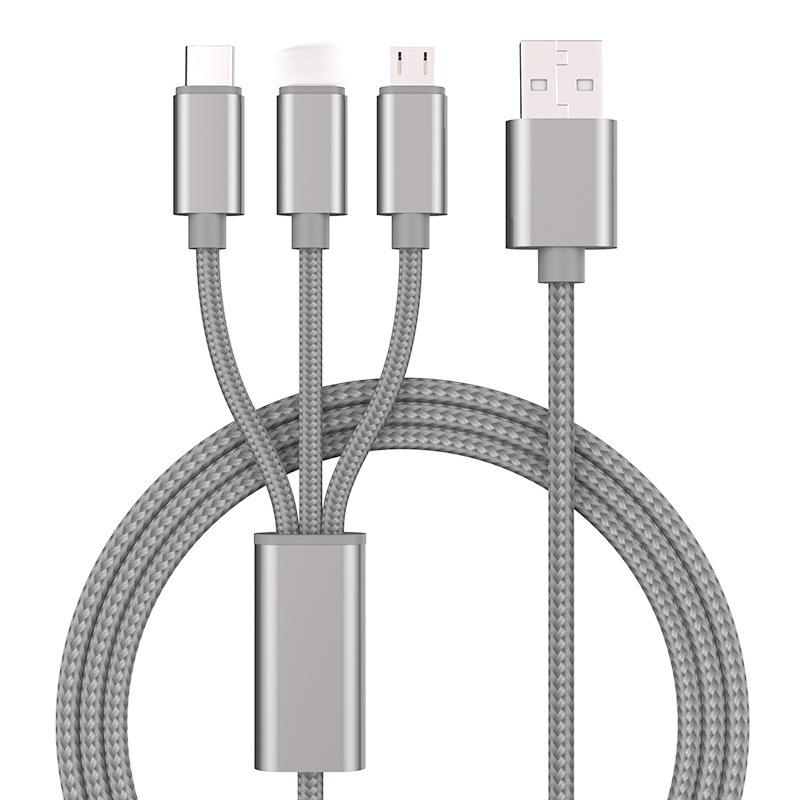 2m 3-in-1 Braided Charging Cable for Apple, Type-C, Huawei, Android; 1.2m Extension, 3-Head Design