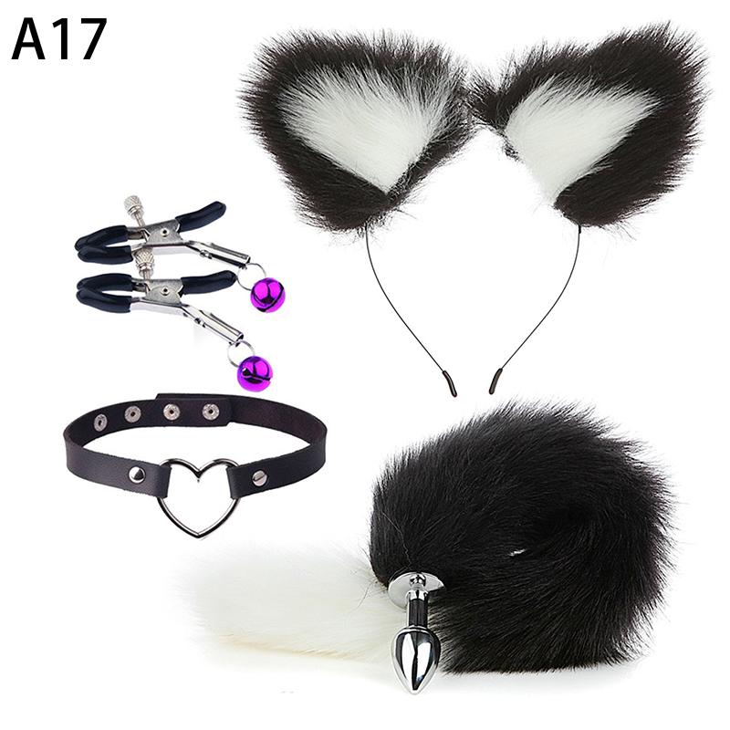4Pcs Set Cute Fox Butt Tail Collar Anal Plug Nipple Clamp Soft Cat Ears Headbands Cosplay Adult Sex Toys Accessories