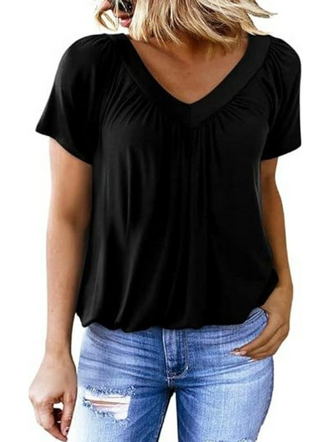 2025 V-Neck Raglan Sleeve Ruffled Casual T-shirt