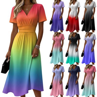 Ladies' Gradient Casual Fashion Short Sleeved V-neck Dress