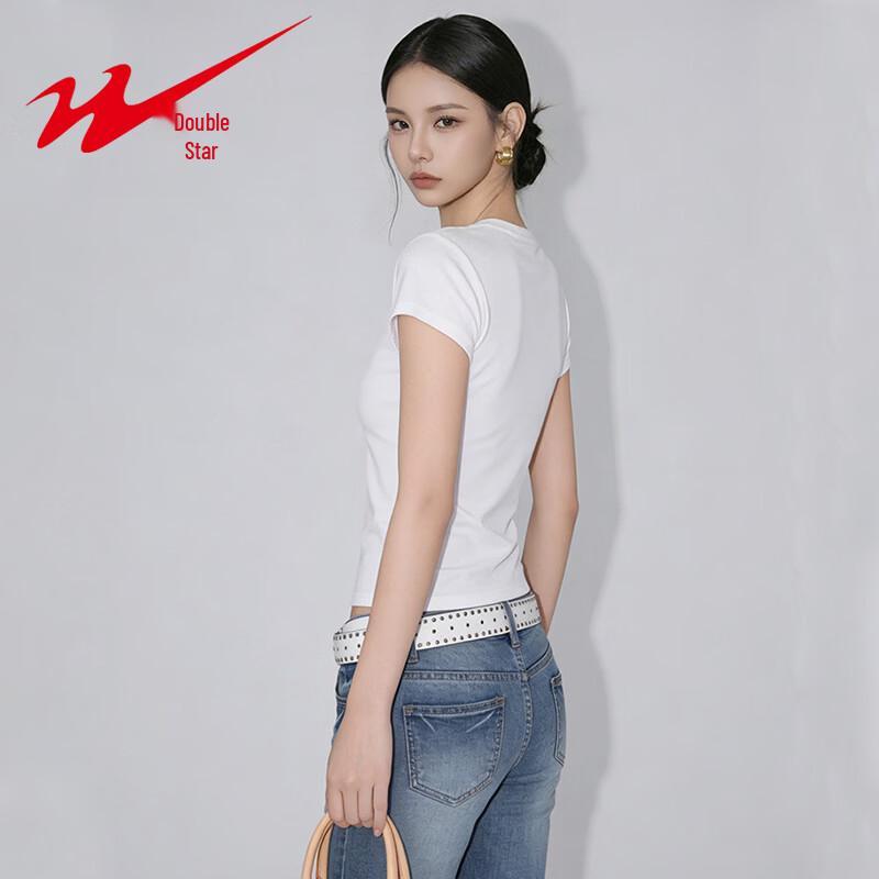 Shuangxing Women's Ribbed Round Neck Slim-Fit T-Shirt
