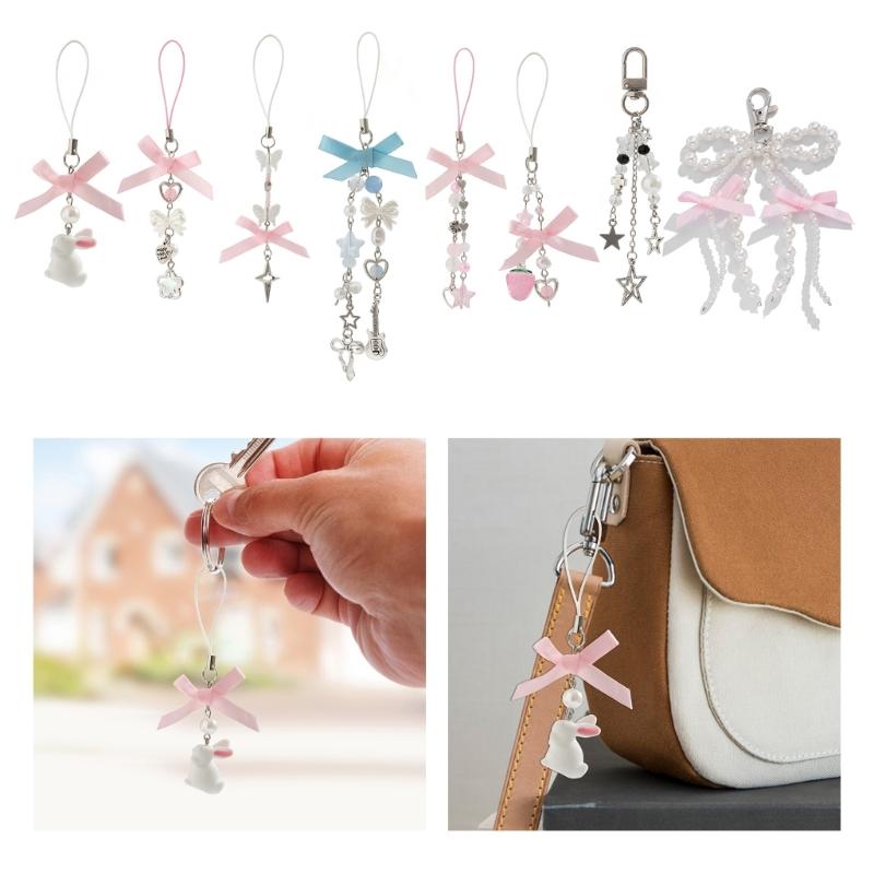 Lovely Strawberry Bowknot Phone Strap Charm Pendant with Star Accents Sturdy Handbag Adornment Craft Supplies for Girls
