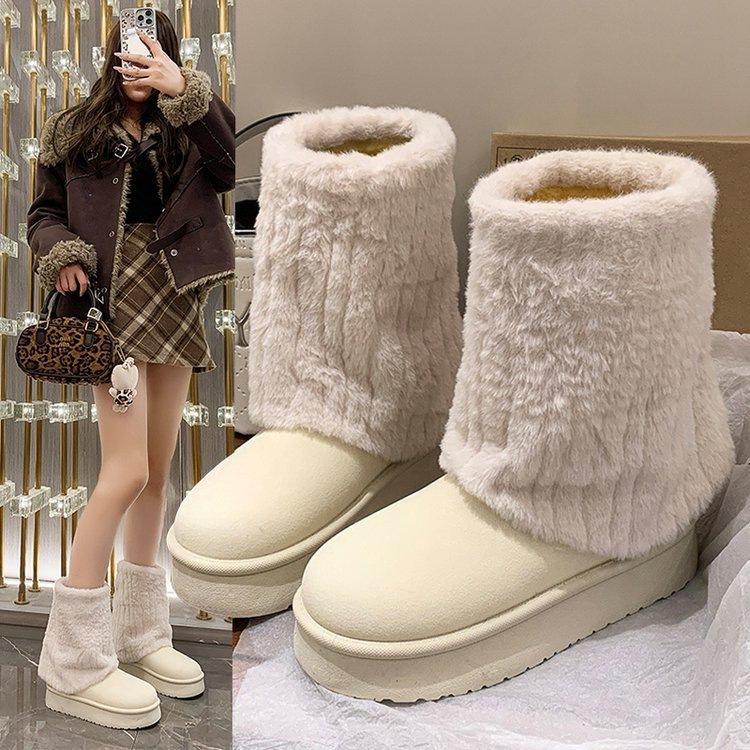 Short snow boots winter piled and thickened new wool cotton boots thick-soled non-slip cotton shoes