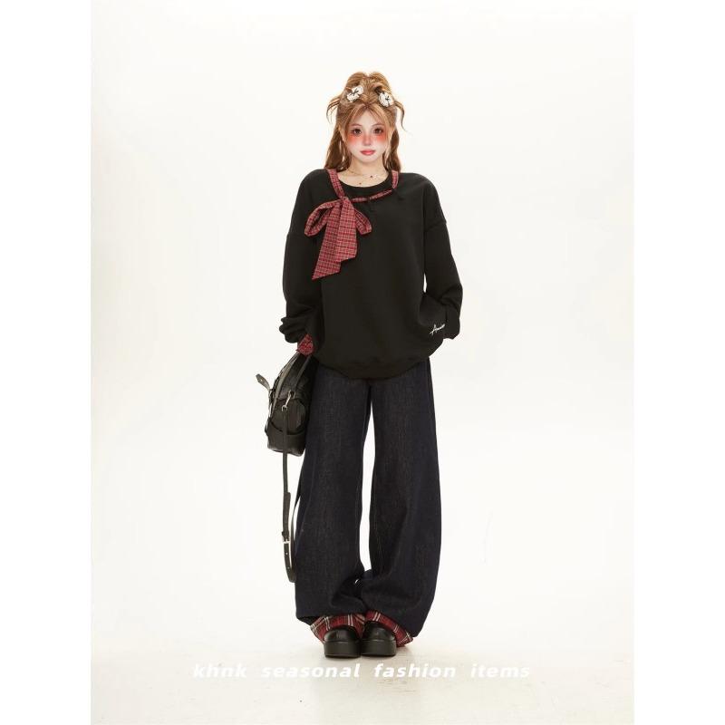 Women's Lace Up Long Sleeved Sweatshirt Round Neck Fake Two Loose Solid Color Women's Hoodies Autumn Fashion New Female Top