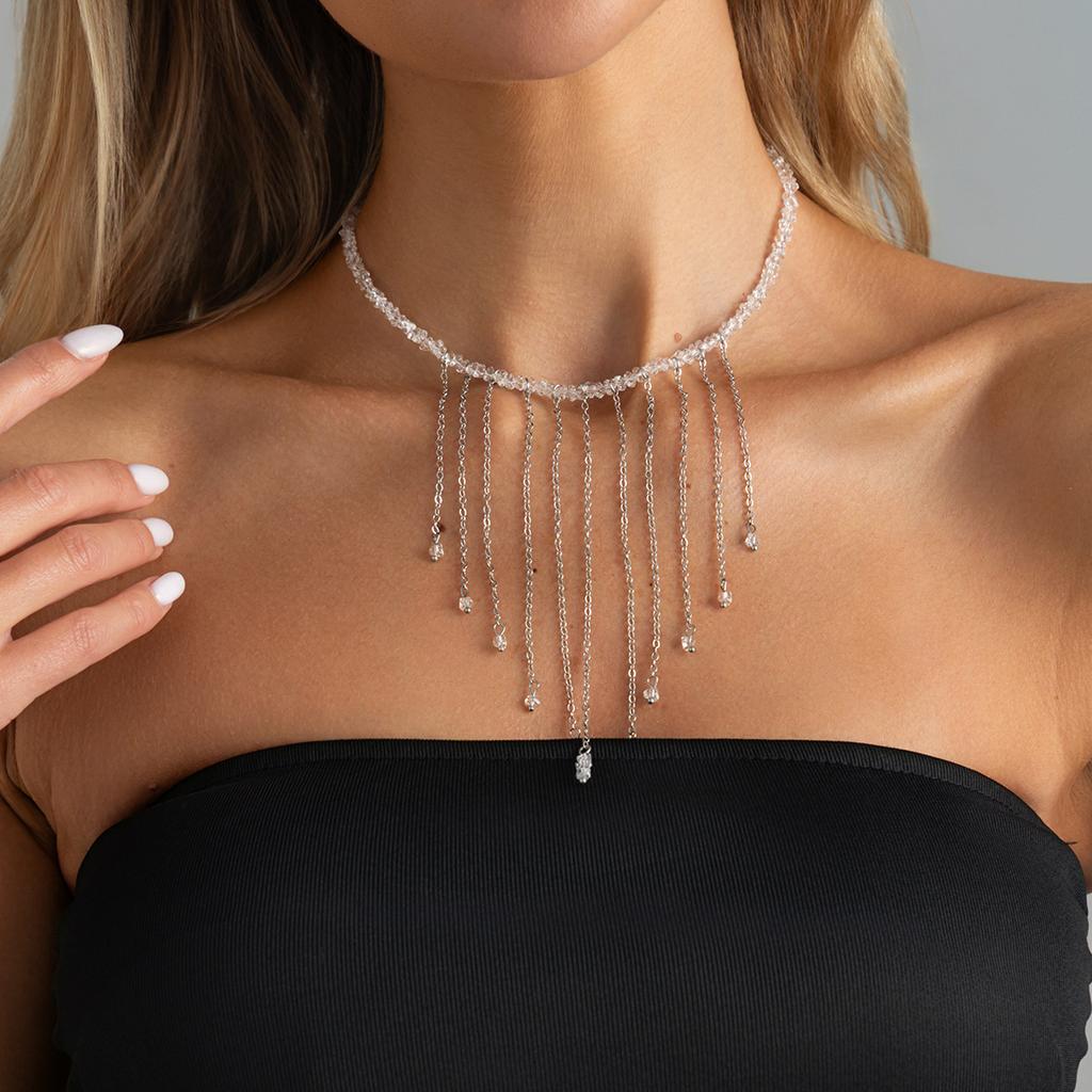 Unique Irregular Triangle Crystal Beaded Necklace, Creative Long Tassel Clavicle Chain For Women