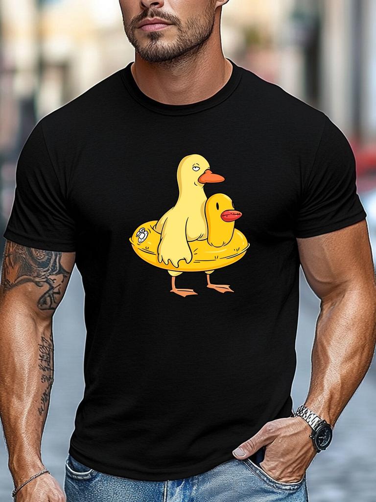 Cartoon Duck With Duck Float Ring Lovely Front Graphic Print Unisexs Crew Neck Short Sleeve Tee Casual Daily Soft Basic Wear Top