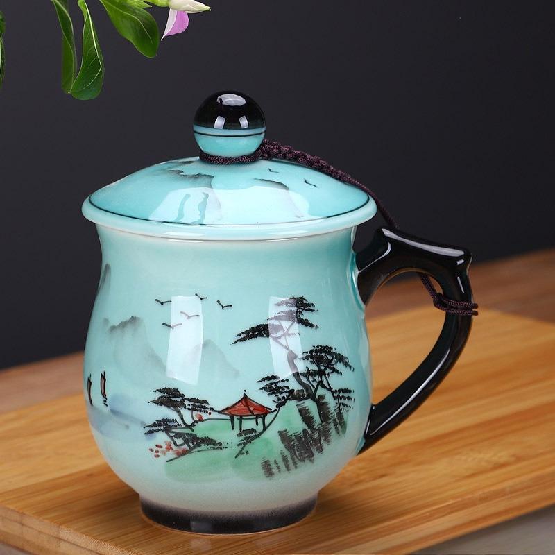 Hand Painted Celadon Tea Cup with Lid Ceramic Mug Office Home Gift Personal Drinking Cup