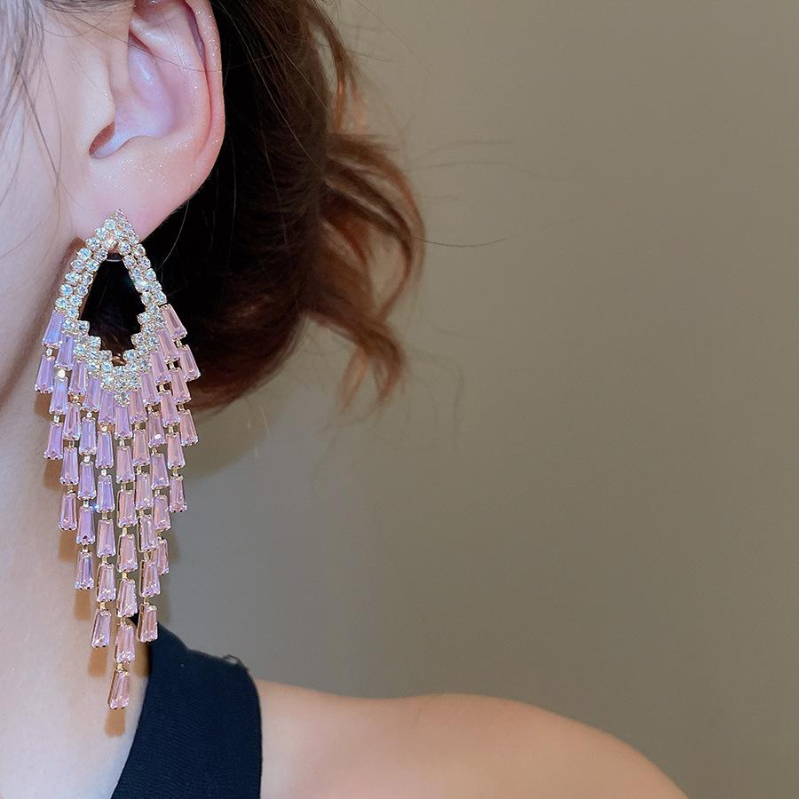 Silver Needle Zircon Geometric Tassel Earrings - Luxury Court Style Fashion Jewelry