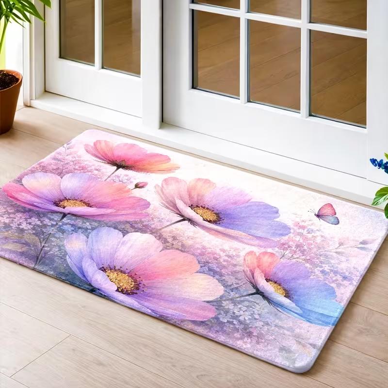 Watercolor Cosmos Flower Butterfly Door Mat Non Slip Entrance Doormat Floral Blossom Pattern Floor Rug for Bedroom