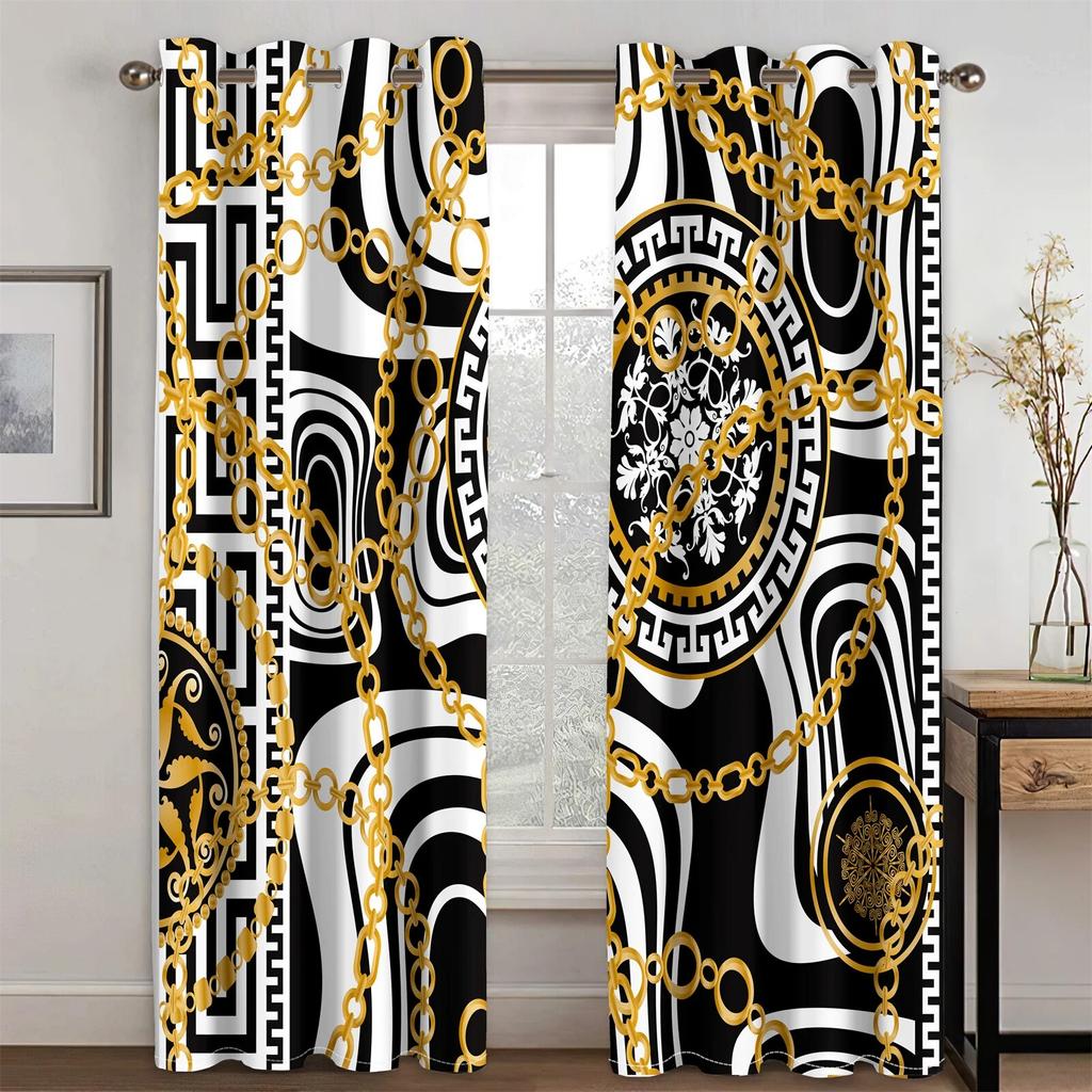 Modern Luxury Black White 2Pcs Window Curtain For Living Room Bedroom Grommet Shading Decor