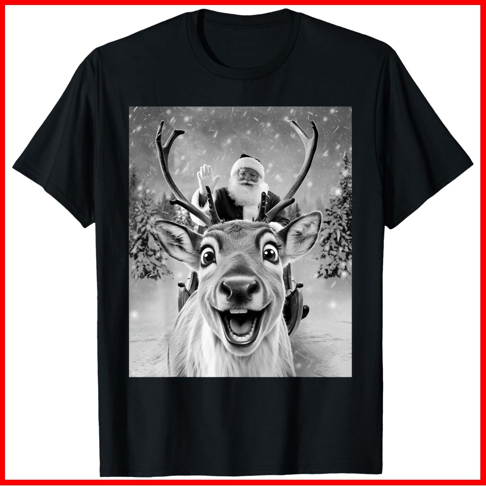 Funny Reindeer Selfie Santa Christmas Black Cotton T-Shirt S-5XL XXXXL