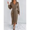 Damen Rostorange Satin V-Ausschnitt Puffärmel Wickel verdrehte Taille Schlitz Midi-Kleid