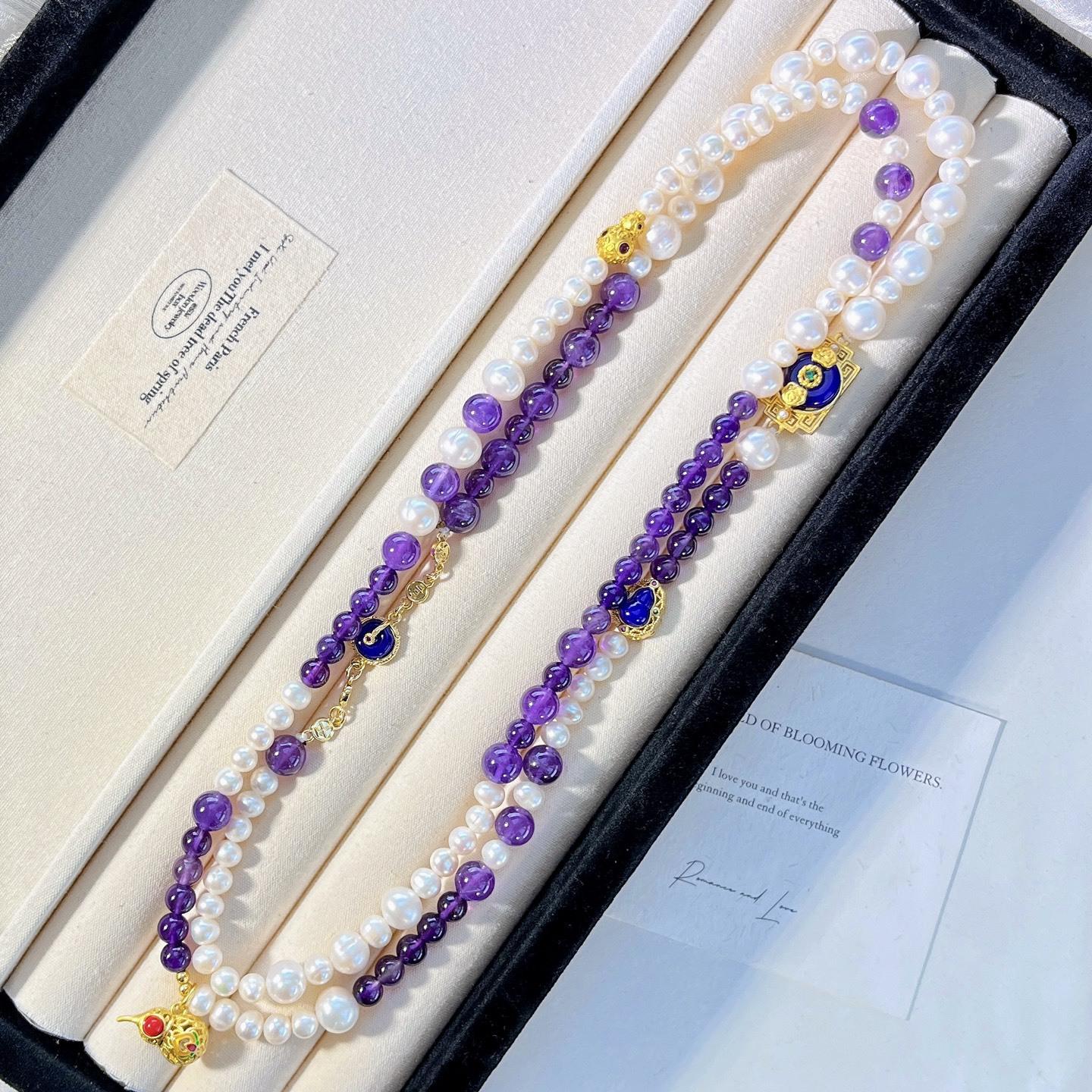 Extended Natural Freshwater Pearl Amethyst Design Sweater Chain Necklace Collarbone Chain