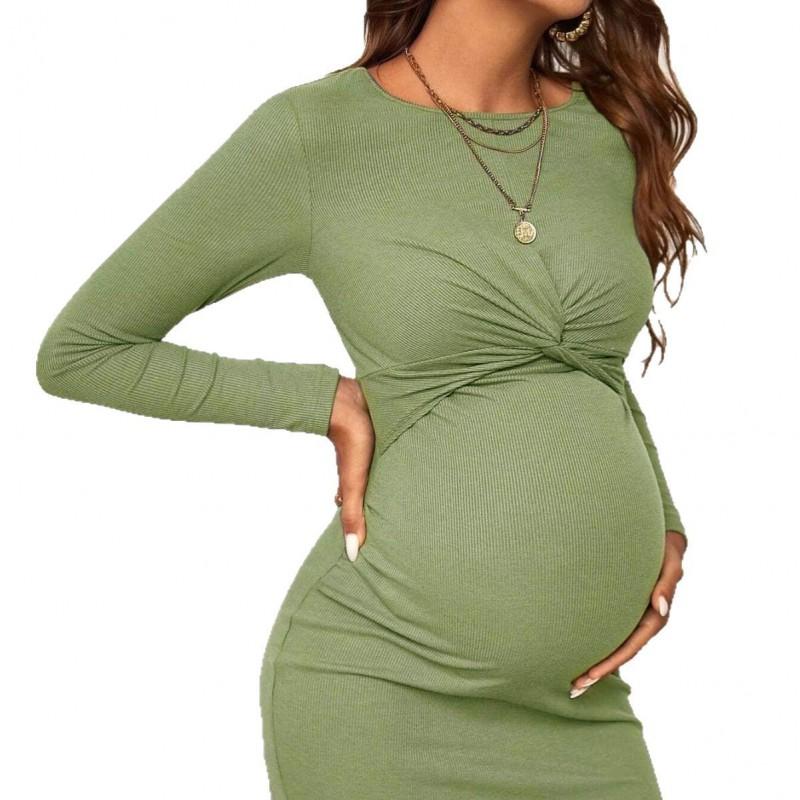 Maternity Cotton Dress Long Sleeve Slim Fit Twist Front A Line Pregnant Women