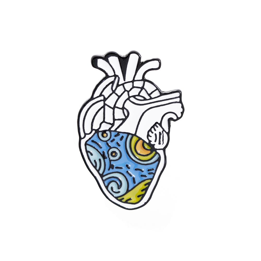 11 Styles Colorful Heart Shaped Enamel Brooches Funny Rose Space Ocean Eye Sea Wave Pattern Ticker Lapel Pins Heartbeat Badge