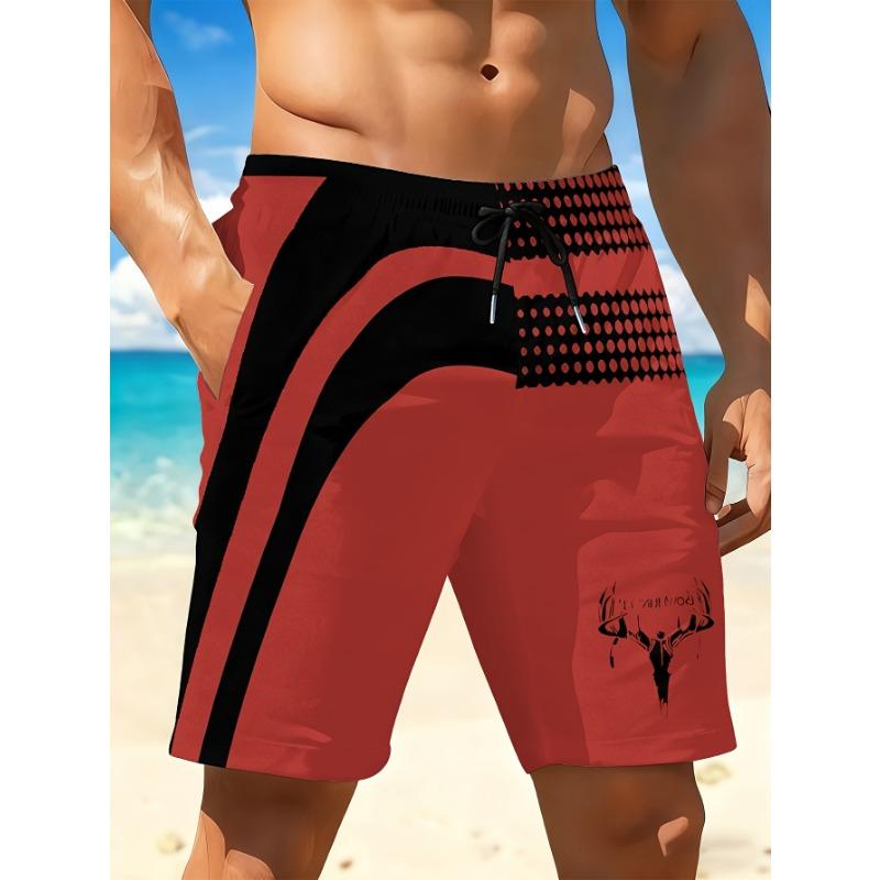 Men's Quick-Dry Swim Shorts, Bright Red and Black Geometric 3D Print - Relaxed, close-fitting