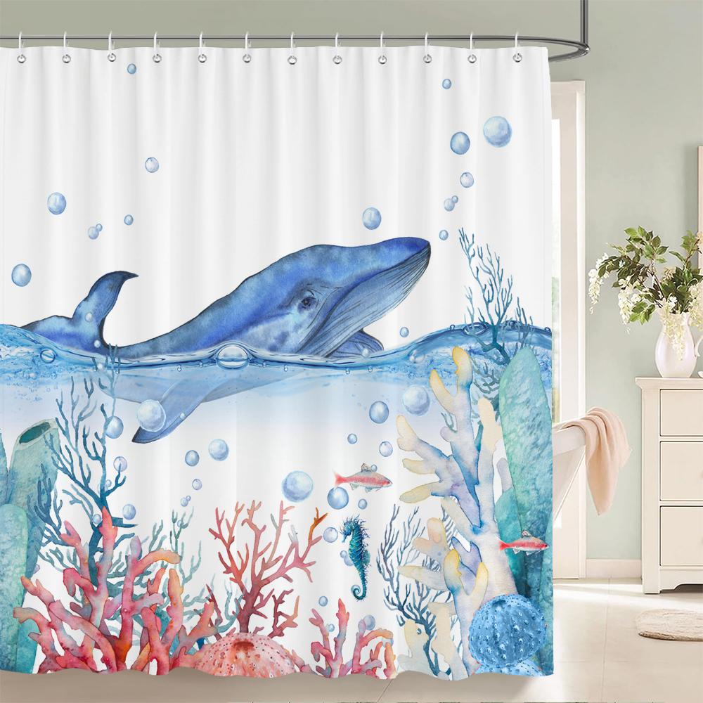Dolphin Shower Curtain Blue Underwater World Marine Life Polyester Fabric Kids Ocean Theme Bathroom Decor Set With 12 Hooks