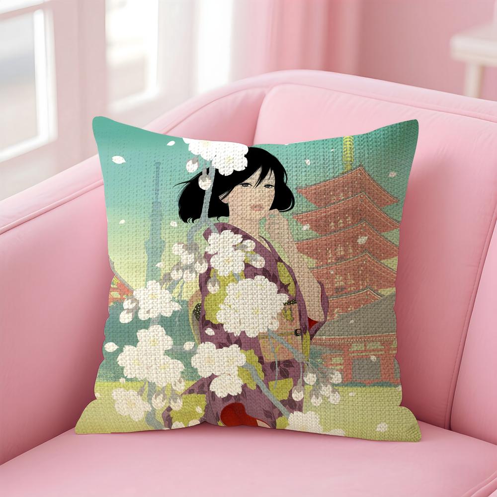 Kimono Girl Japanese Style Cushion Cover Natural Linen Pillow Case DoubleSided Print Decorative Sofa Pillowcase Home Decor Gift