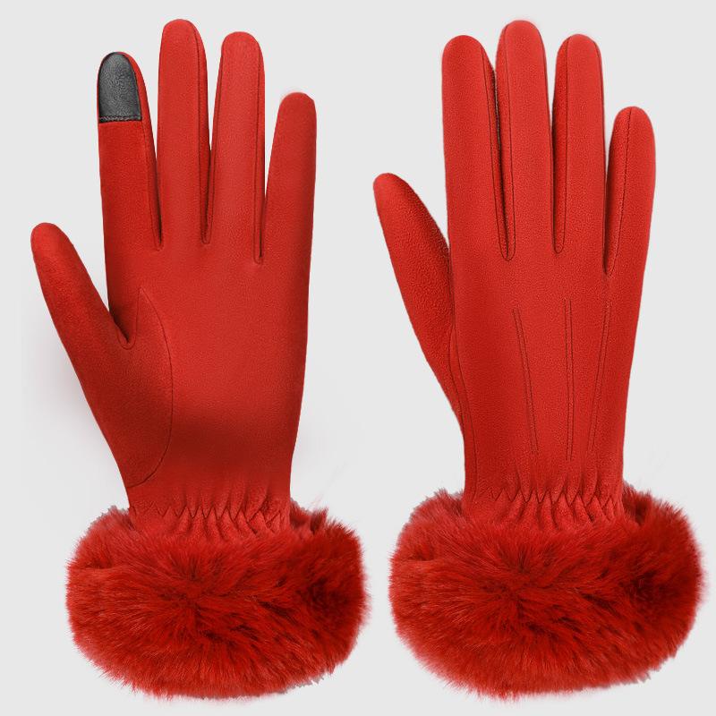Deerskin Warm Gloves for Women In Autumn and Winter Korean Style Plus Velvet Touch Screen Gloves for Riding and Driving Non Slip Leather Gloves