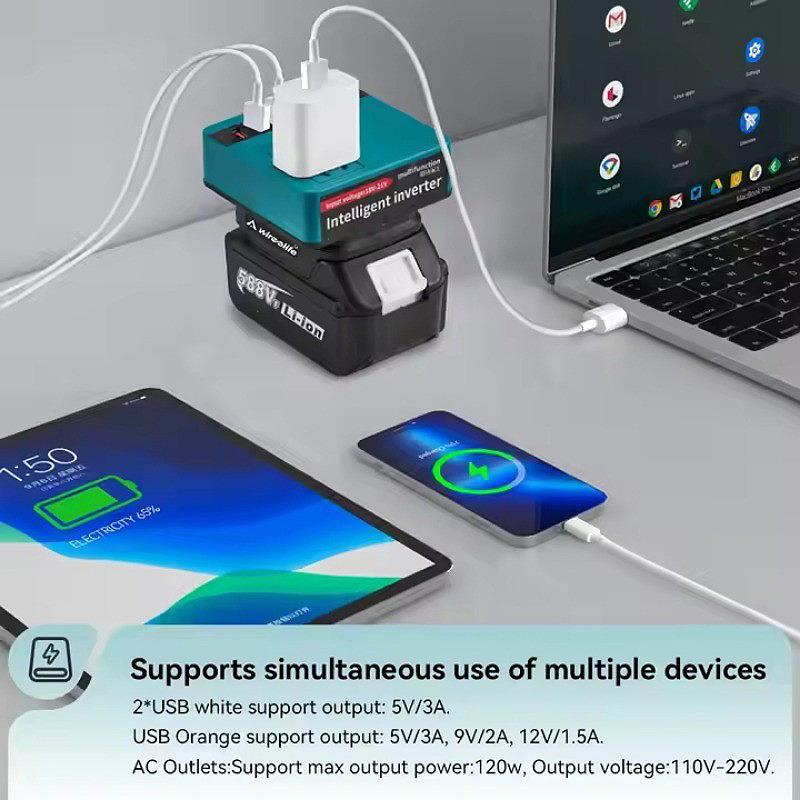 Dual Port 150W Portable Power Inverter Intelligent Converter 220V + 3 Usb 21V For Makita Battery