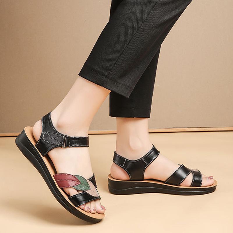 Zomerschoenen 2026 Dames Leren Sandalen Plat Casual Moeder Schoenen Zomer Vakantie Schoenen Comfortabel Zwart Beige Grote Maten 42