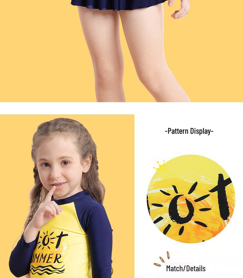 Girls' Long-Sleeved Split Swimsuit with Letter Print & Short Skirt - 2025 Collection