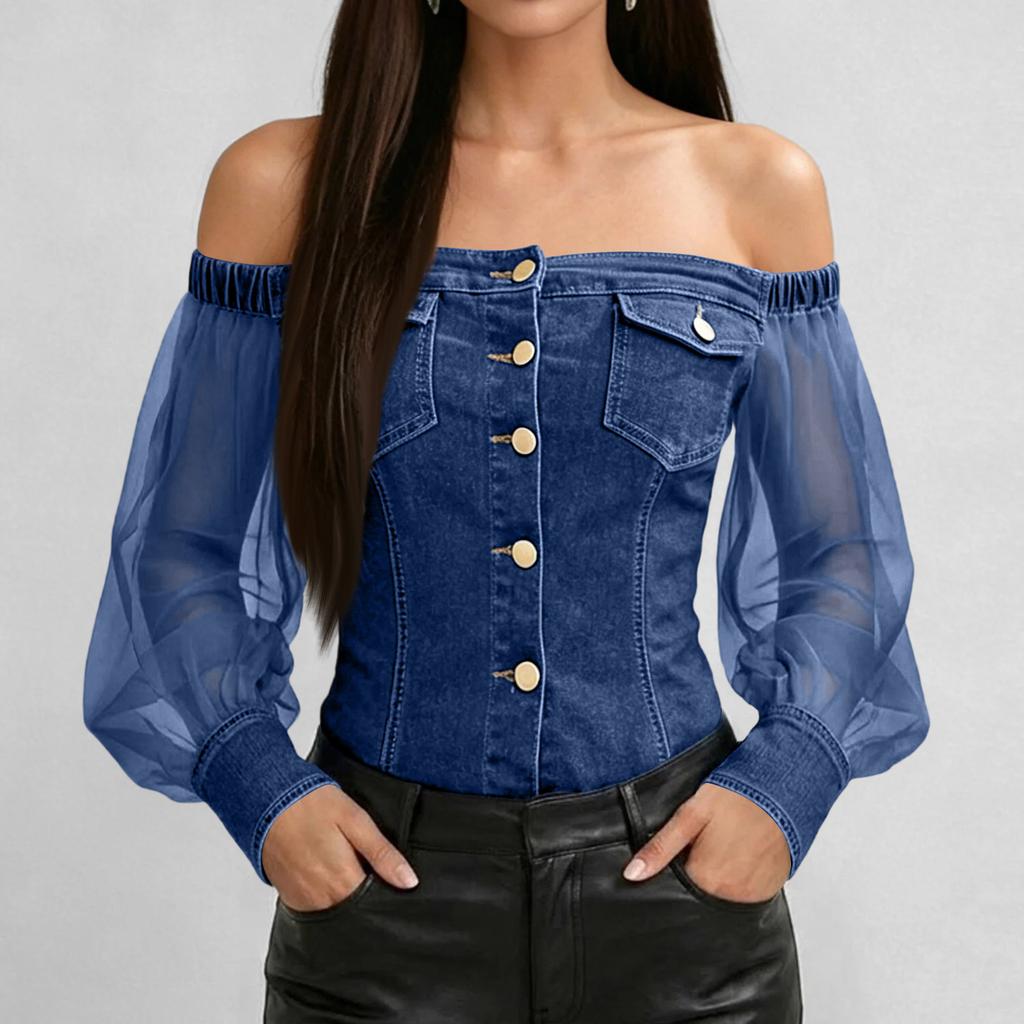 Womens Off Shoulder Denim Style Top Long Sheer Sleeve Button Front Casual Blouse Stretch Waistband