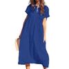 Damen Maxikleid aus Baumwolle und Leinen, lässig, kurzärmelig, V-Ausschnitt, Sommerkleid, lockeres, plissiertes langes Strandkleid für den Sommerurlaub