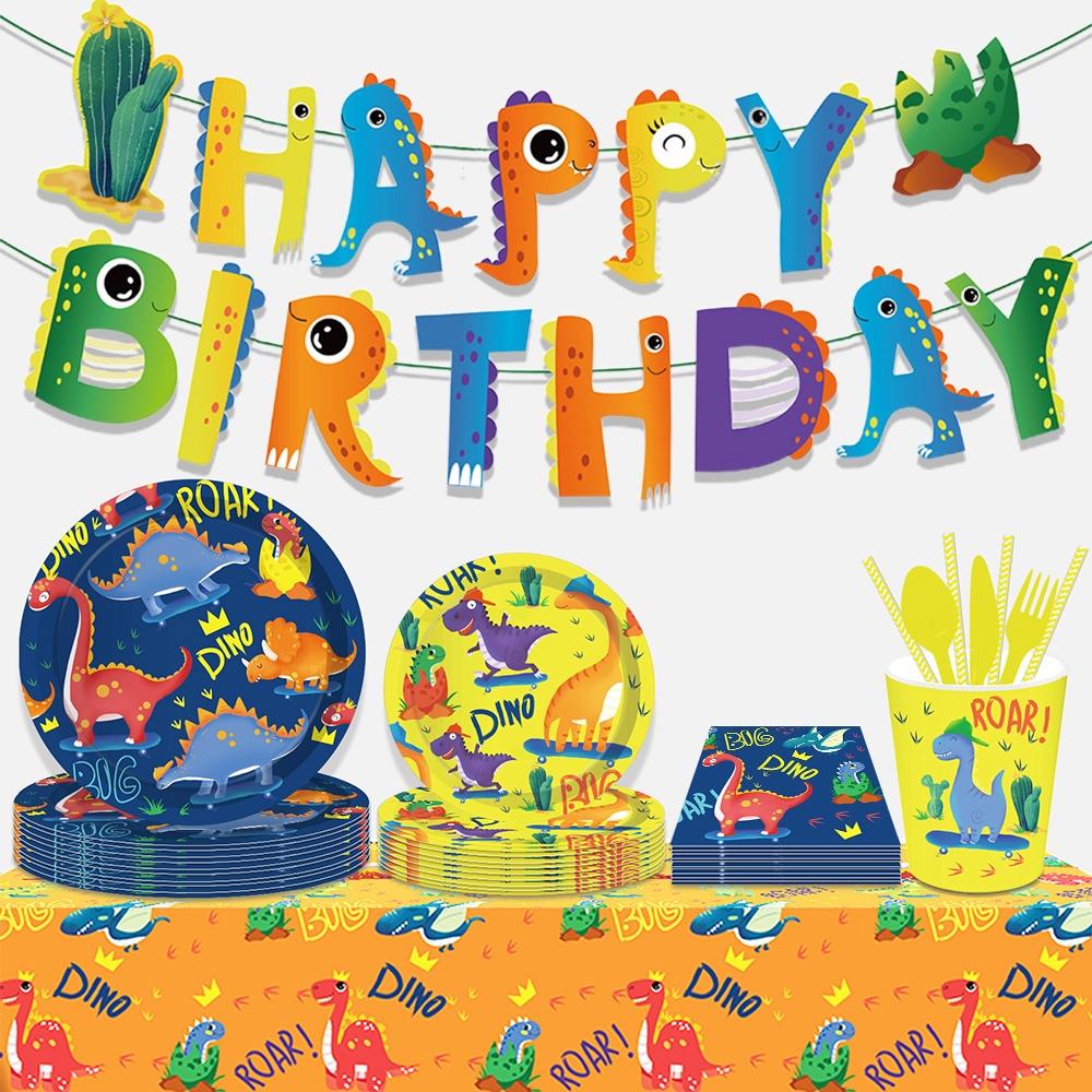 Geschirr-Ballon-Set mit Cartoon-Dinosaurier-Motiv, für Kindergeburtstage, Einweggeschirr, Veranstaltungsort-Dekoration, Fotografie-Requisiten