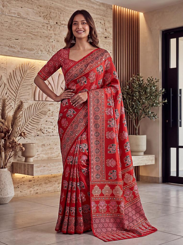 Handcrafted Ajrak Print Manipuri Silk Saree, Real Mirror Work, Traditional Party Wear