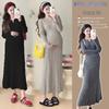 Maternity French Style Dress: Spring/Autumn Innerwear, Plus Velvet Warm, Solid Color, Round Neck, Belly Support, Slimming
