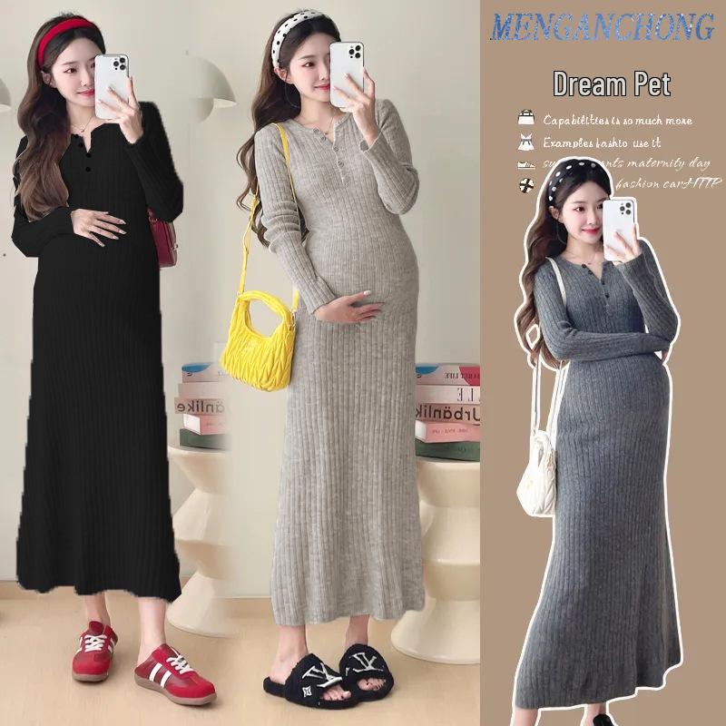Maternity French Style Dress: Spring/Autumn Innerwear, Plus Velvet Warm, Solid Color, Round Neck, Belly Support, Slimming