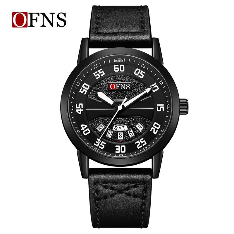 OFNS Men s Dual Calendar Waterproof Quartz Watch – Trendy, Simple Design with Large Round Dial