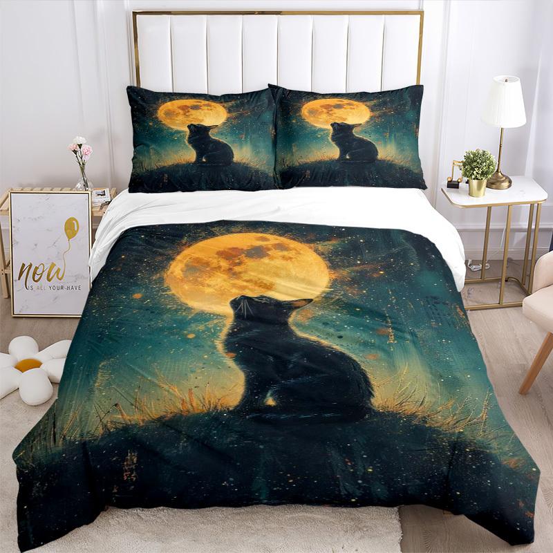 3pcs Anime Cat Moon Bedding Set - Includes One Quilt Cover and Two Pillowcases (No Core) - Polyester Fabric, Perfect for Bedroom and Guest R