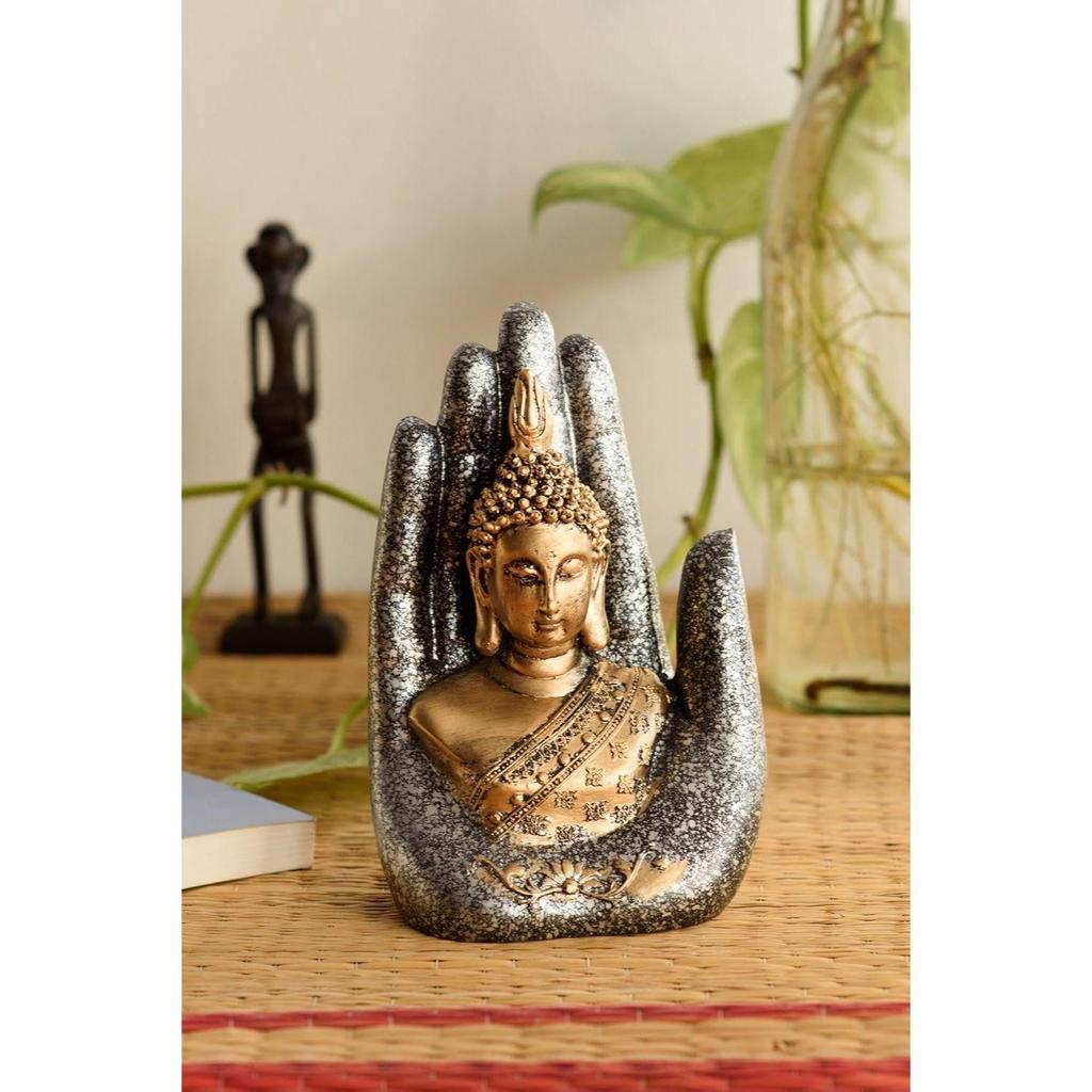 Goldene Silberharz Handgefertigte Handflächen-Buddha-Statue für Heimdekor Wohnzimmer | Lord Buddha Idol Ausstellungsstück Geschenk