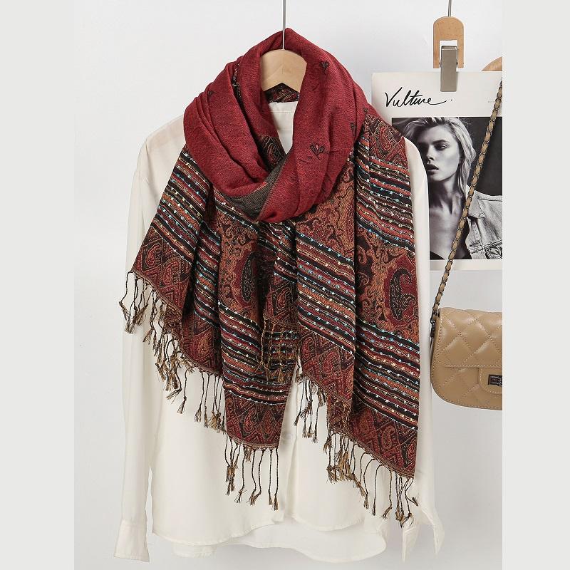 Hotsale Jacquard Printed Pashmina Shawl Women Cotton Muslim Hijab Tassel Headscarf Scarf Ethnic Style Tudung
