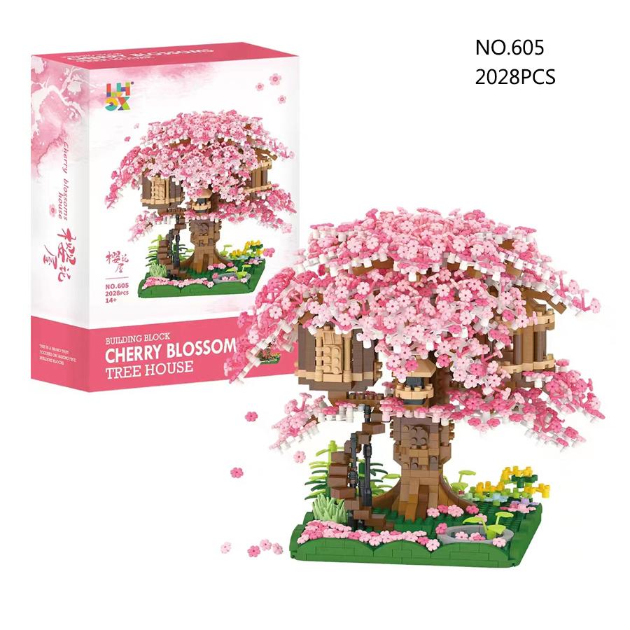 Kirschblütenhaus Bausteine Kirschblüten Straßenansicht Mini-Bausteine Mikro-Bausteine Kinderspielzeug 3D-Modelle Kreative Ornamente