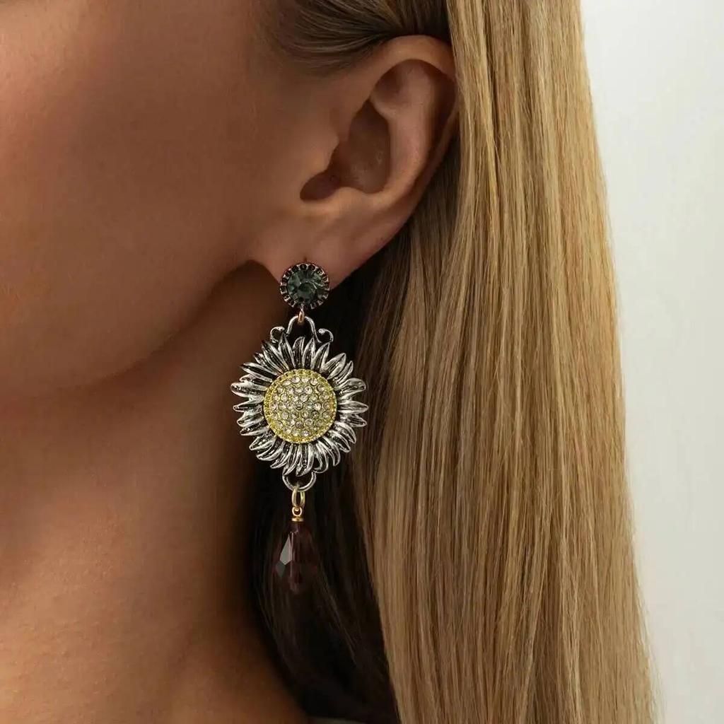 KunJoe Vintage Sunflower Pendant Earrings for Women Bohemian Crystal Tassel Flower Drop Earrings  Jewelry Accessories