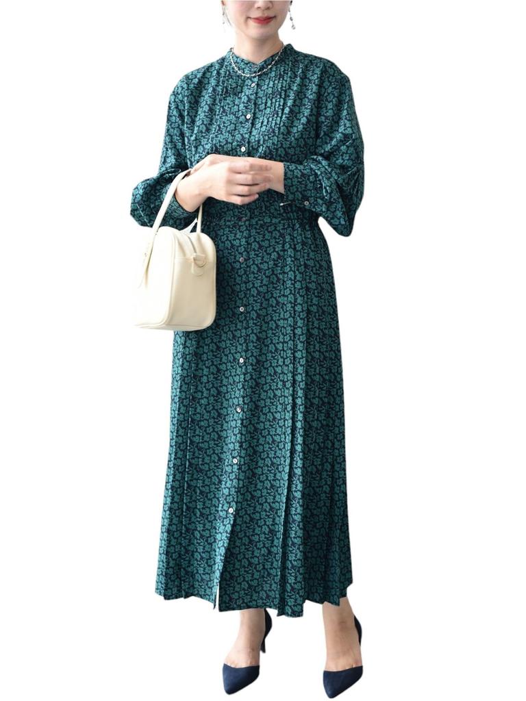 SHIPS for Women Web Hand Polka Band Side Dark Size M Dress, Exclusive, Washable, Dot/Floral Print, Collar, Pleats, Women's, 314514409, Green,