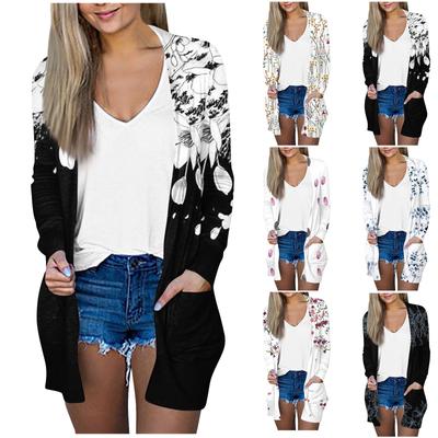 Women's Fashion Loose Casual Long Sleeve Printed Mid-Length Cardigan Jacket Top