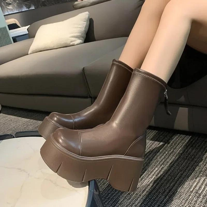 New Fashion Back Zippers Short Boot Female High Platform Thick Bottom Ladies Elegant Ankle Booties Punk Boots for Women 34